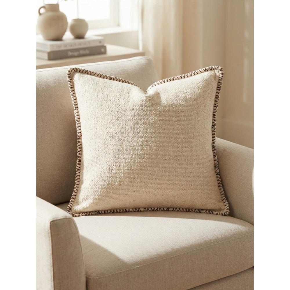 Pottery Barn Bergen Stitched Flange Pillow Cover Cream Brown 24x24 Textured